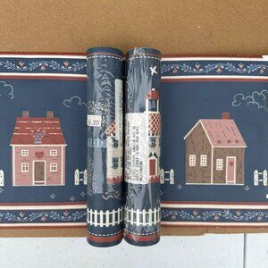 Vintage 90’s Wallpaper Border Country Farm Blue Mauve Prepasted Borden 30 Feet